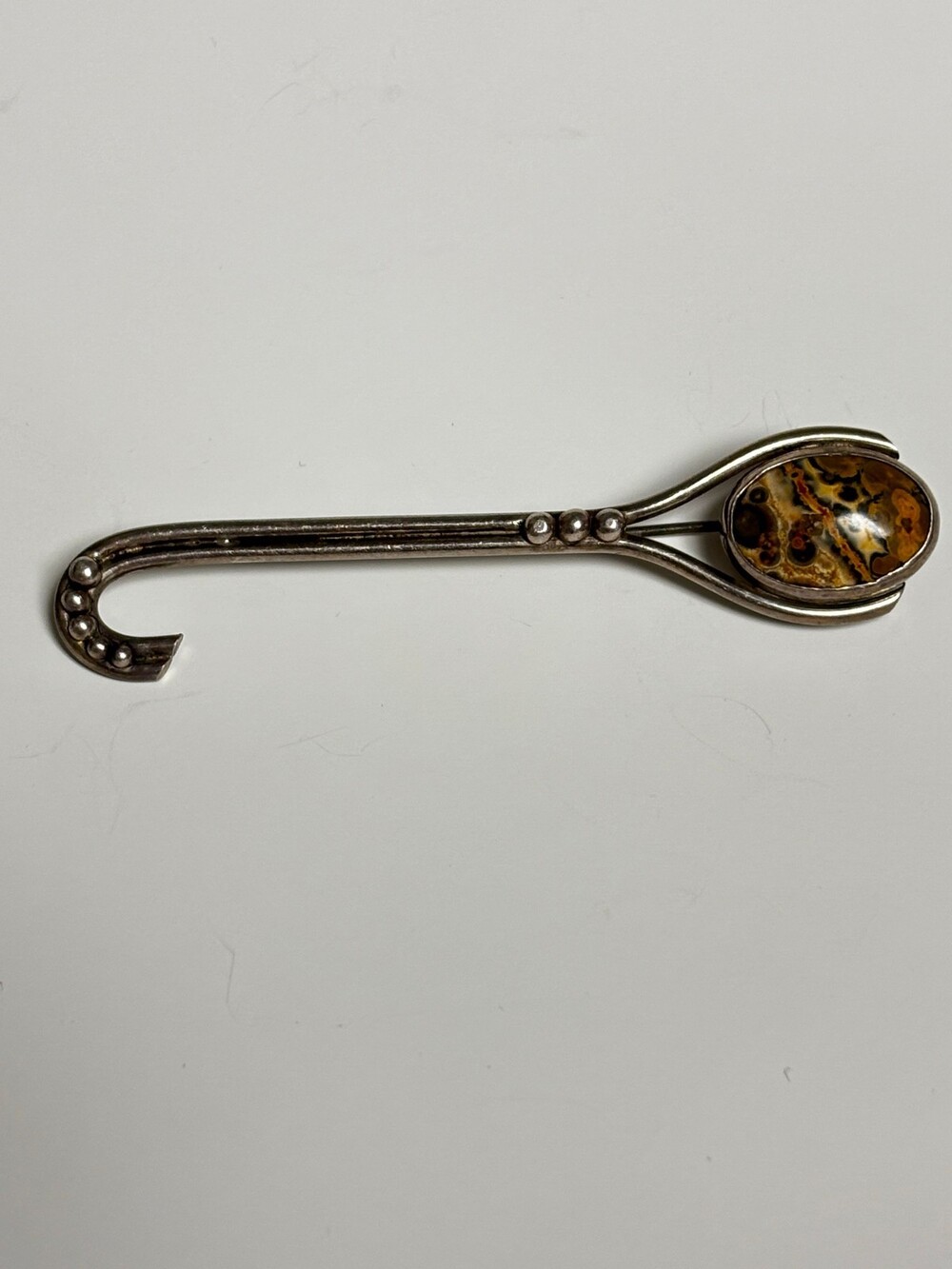 Vintage Unbranded 875 Silver Jasper Modernist Long Hook Brooch - 3.25 in